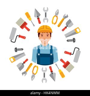 construction worker cartoon with repair tools around him over white background. colorful design. vector illustration Stock Vector