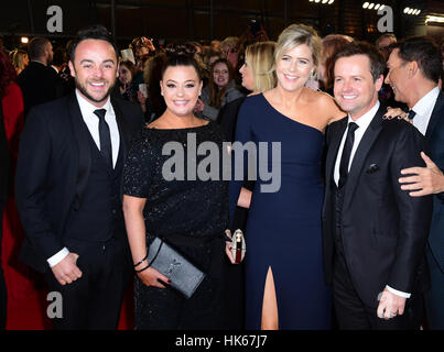 Ant McPartlin, Lisa Armstrong, Ali Astall and Declan Donnelly arriving at the National Television Awards 2017, held at The O2 Arena, London. PRESS ASSOCIATION Photo. Picture date: 25th January, 2017. See PA Story SHOWBIZ NTAs. Photo credit should read: Ian West/PA Wire Stock Photo