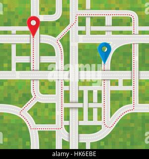 Difficult road junctions with complicated path between GPS pins on grass background, seamless pattern Stock Vector