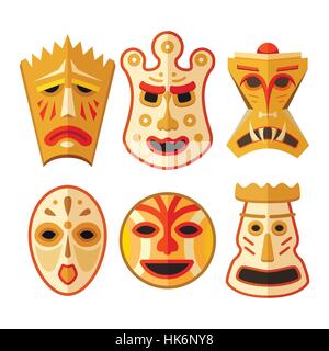 Collection of different wooden voodoo masks isolated on white Stock Vector