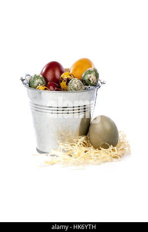 quail eggs painted for Easter in metal bucket Stock Photo