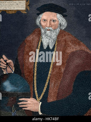 Sebastian Cabot (c. 1474-c. 1557). Italian explorer. Portrait. Engraving by Capuz. Colored. Stock Photo