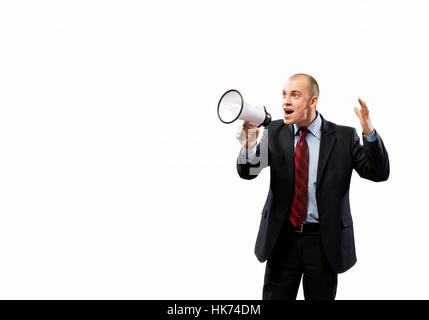 Image of angry businessman screaming in megaphone Stock Photo