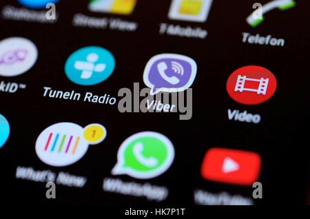 Screen of mobile phone with Android applications icons. Stock Photo