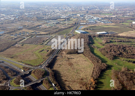aerial view of junction 45 of the M1 looking west up Pontefract Lane towards Leeds, West Yorkshire, UK Stock Photo