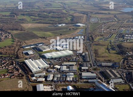 aerial view looking east down Pontefract Lane towards Junction 45 of the M1, Cross Green, east Leeds, UK Stock Photo