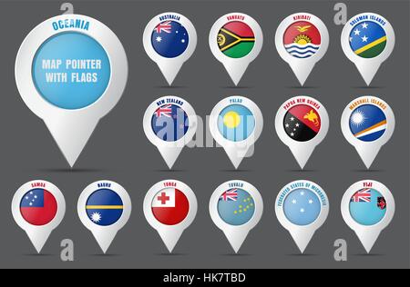Set the pointer to the map with the flag of the countries of Oceania and their names. Vector illustration Stock Vector