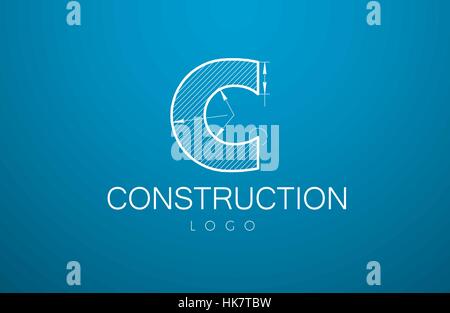 logo template letter C  in the style of a technical drawing. sign design and the text 'construction' with dimension lines. Vector illustration Stock Vector