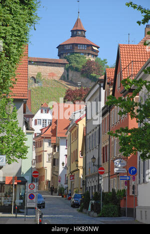 Strohgasse with view af the big tower on the castle, Esslingen at the Neckar Baden Wuerttemberg Germany Stock Photo