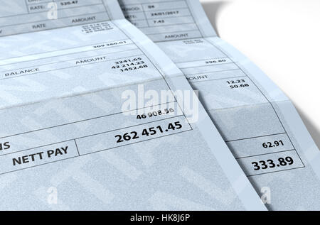 A 3D render concept showing two fictitious paychecks with a huge difference in the nett pay highlighting the income inequality created by capitalism Stock Photo
