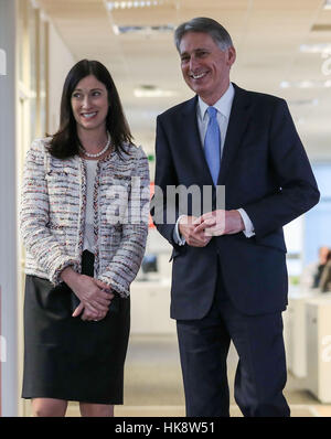 Chancellor Philip Hammond with Microsoft UK CEO Cindy Rose during a visit to the Microsoft Campus, Thames Valley Park, Reading, to coincide with the announcement later of preliminary estimates for 2016Q4 GDP . Stock Photo