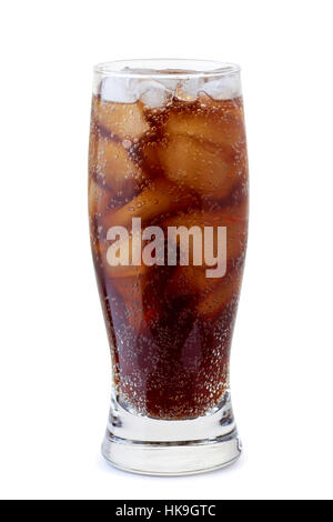 Glass of cola with ice cubes on white Stock Photo