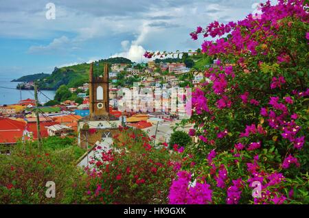 Landscape view of the colorful port of St George's, the capital of the Caribbean island country of Grenada Stock Photo