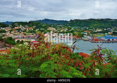 Landscape view of the colorful port of St George's, the capital of the Caribbean island country of Grenada Stock Photo