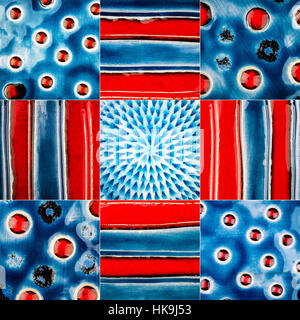 Big size collection of blue and red lined dotted ceramic textures. Abstract pottery background Stock Photo