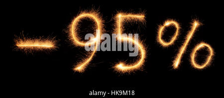 Minus 95 % lettering drawn with bengali sparkles isolated on black background Stock Photo