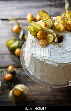 Chiffon cake on wooden table. Close up Stock Photo