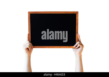 Human Hands Holding Empty Blank Black Board Over White Background - Ready for adding your text here Stock Photo