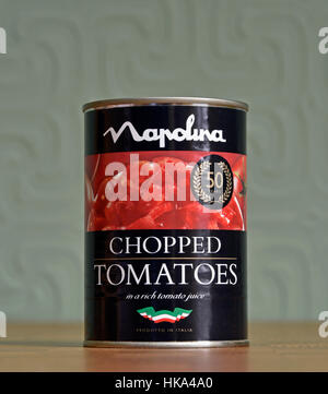 Can of Napolina Chopped Tomatoes in a rich tomato juice. Stock Photo