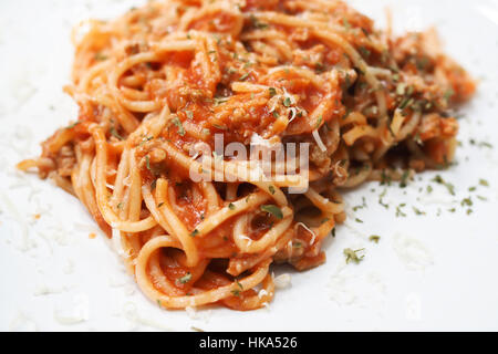 Close-up of spagetti on white dish - copy space Stock Photo