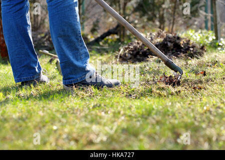 Woman cleans the garden in early spring Stock Photo