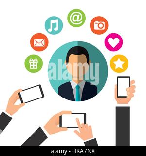 hands holding a smartphone and man avatar with social media icons around over white background. colorful design. vector illustration Stock Vector