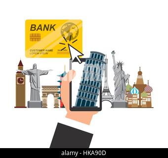 hand holding a smartphone and iconic monuments of the world over white background. colorful design. travel and tourism concept. vector illustration Stock Vector