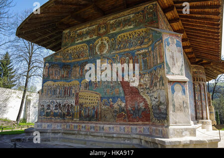 Suceava, Romania - April 30, 2014: Representation of the Last Judgment on the west wall at Voronet monastery,Bucovina. Voronet is a monastery in Roman Stock Photo