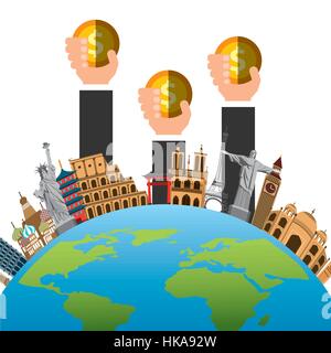 earth planet with iconic monuments of the world around and hands holding gold coins over white background. colorful desing. travel and tourism concept Stock Vector