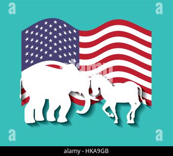 silhouette of elephant and horse over usa flag. colorful design. vector illustration Stock Vector