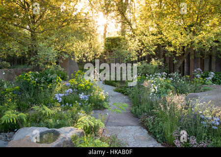 Cottage garden in Spring UK with stone paved paving path bird bath sun shining sunbeam through trees grasses at dawn mixed garden borders planting Stock Photo
