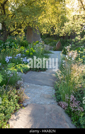 English Cottage garden path in Spring with stone paved paving path and sunbeam through trees mixed garden borders planting ornamental grasses UK Stock Photo