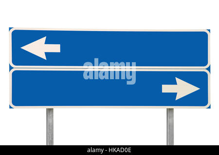Crossroads Road Sign, Two White Arrows Blue Isolated Copy Space, Destination Pointer Stock Photo