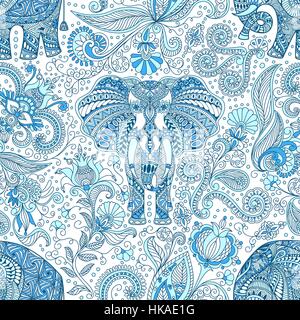 seamless pattern with blue Indian Elephant Stock Vector