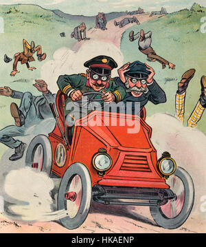As the law stands -  Illustration shows a wealthy old man as a passenger in an automobile driven by his chauffeur, they are racing through the countryside during a cross-country auto race and have struck several pedestrians who are not used to encountering automobiles on country roads. Political Cartoon, 1902 Stock Photo