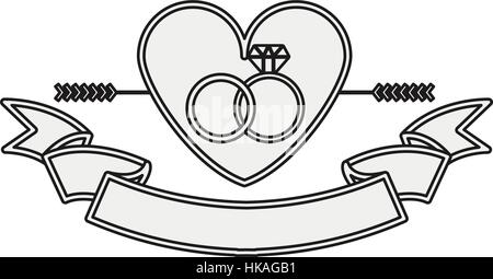 silhouette heart crossed by arrow and rings engagement Stock Vector