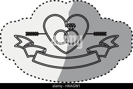 sticker silhouette heart crossed by arrow and rings engagement Stock Vector