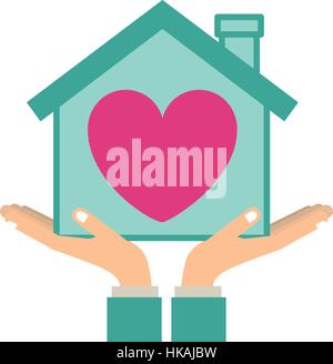 colorful sticker silhouette of hands holding a house with heart inside Stock Vector