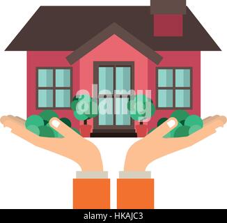 colorful sticker silhouette of hands holding a house with chimney Stock Vector