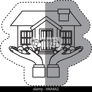 sticker contour of hands holding a house with chimney Stock Vector