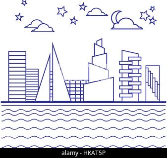 Vector city illustration. Buildings, clouds waves.  Graphic design template. Linear style. Stock Vector