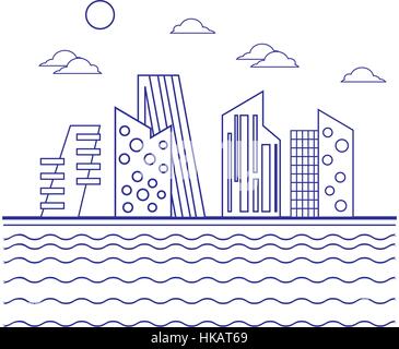 Vector city illustration. Buildings, clouds waves.  Graphic design template. Linear style. Stock Vector