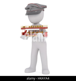 Generic 3d Rendered Cartoon Character Wearing Conductor Cap and Holding Small Miniature Scale Trolley in front of White Background Stock Photo