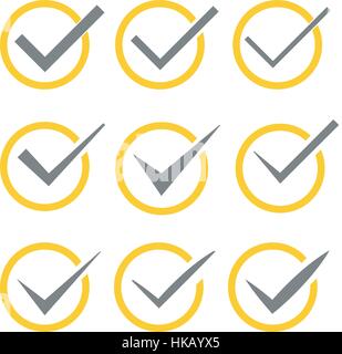 Set of nine different vector check marks or ticks in circles conceptual of confirmation acceptance positive passed voting agreement true or completion Stock Vector