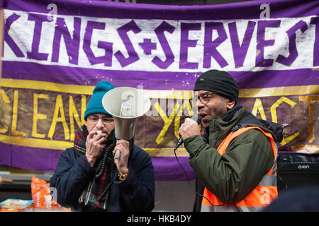London, UK. 26th January, 2017. A UNISON shop steward with UNISON members working for cleaning contractor Servest at Kings College London (KCL) commencing a 2-day strike following reported threats of significant changes to their terms and conditions, including reductions in their working hours and possible redundancies. Credit: Mark Kerrison/Alamy Live News