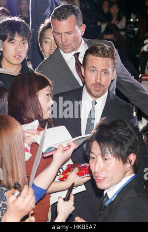 Tokyo, Japan. 26th Jan, 2017. Actor Ryan Gosling attends the Japan premiere for the movie 'La La Land' in Tokyo, Japan. The romantic musical film set a record for most Golden Globe Awards wins with 7 awards and tied a record for most Oscar nominations with 14. 'La La Land' opens on February 24 in Japan. Credit: Rodrigo Reyes Marin/AFLO/Alamy Live News Stock Photo
