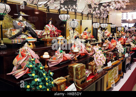 Tokyo, Japan. 26th Jan, 2017. Japan's doll maker Kyugetsu displays sets of 'Hina' dolls at the company's showroom in Tokyo ahead of the hina-matsuri, or girls' festival in Japan on March 3. Japanese parents traditionally decorate hina dolls, usually representing ancient Japanese monarchs, to celebrate the annual doll festival. Credit: Yoshio Tsunoda/AFLO/Alamy Live News Stock Photo