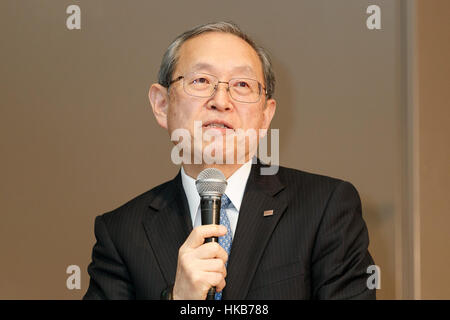 Tokyo, Japan. 27th Jan, 2017. Toshiba Corp. President Satoshi Tsunakawa speaks during a news conference at the company headquarters on January 27, 2017, Tokyo, Japan. Toshiba announced plans to split off part of its core memory chip business (excluding the image sensor business) to raise money in the face of excessive debt generated by its US nuclear business. The announcement came after Toshiba's board approved the decision earlier on Friday, January 27. Credit: Rodrigo Reyes Marin/AFLO/Alamy Live News Stock Photo