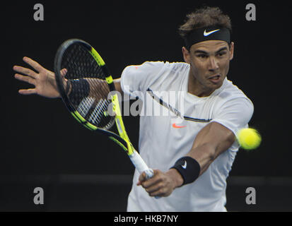 Melbourne, Australia. 27th Jan, 2017. Spain's Rafael Nadal returns a shot during the men's singles semifinal against Bulgaria's Grigor Dimitrov at the Australian Open tennis championships in Melbourne, Australia, Jan. 27, 2017. Credit: Lui Siu Wai/Xinhua/Alamy Live News Stock Photo