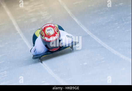 Koenigssee, Germany. 27th Jan, 2017. Tina Hermann starting on the ice rink at at the bobsleigh world cup in Schoenau am Koenigssee, Germany, 27 January 2017. Credit: dpa picture alliance/Alamy Live News Stock Photo